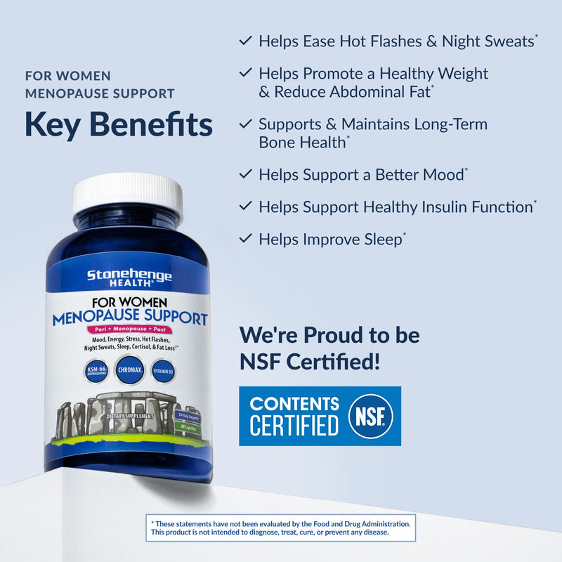 [Australia] - Stonehenge Health for Women Menopause Support for Peri + Menopause + Post - Mood, Energy, Stress, Hot Flashes, Night Sweats, Sleep & Cortisol, Chromax Chromium, Vitamin D3, KSM-66 Ashwagandha Extract 