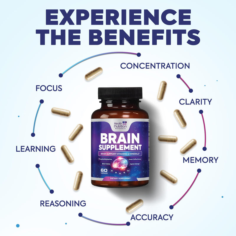Brain Memory Supplement - 3X Strength Nootropics for Concentration, Clarity & Focus Support - Brain Health Cognitive Vitamins B6 & B12 with Phosphatidylserine & Folate, Brain Booster, 60 Capsules 60 Count (Pack of 1)