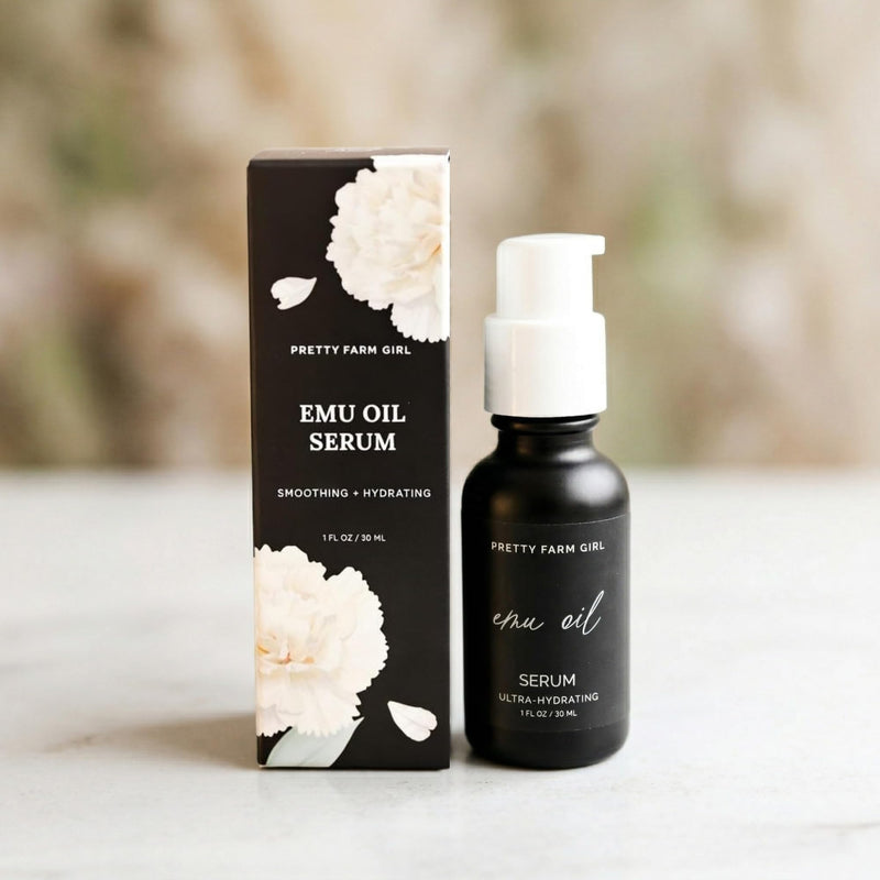 Pretty Farm Girl Emu Oil Serum — 1 fl oz (30 mL) | Glass Bottle with Dropper | Lightweight Moisturizing Facial Serum for Sensitive & Dry Skin | Boxed Packaging
