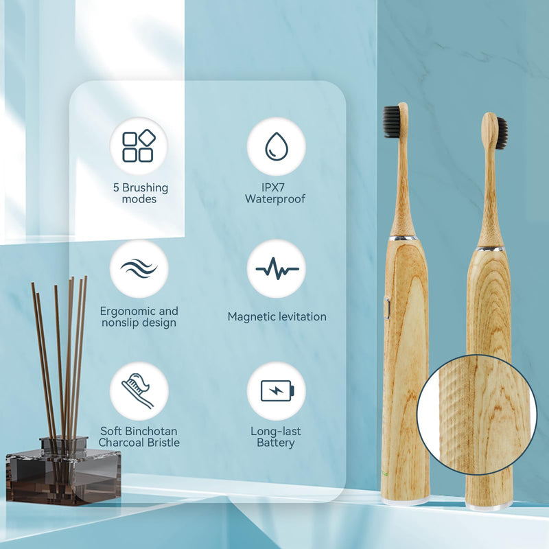 [Australia] - Bamboo Electric Toothbrush, Sonic Electric Bamboo Toothbrush for Adults, IPX7 Waterproof Rechargeable Toothbrush, 5 Cleaning Modes, 4 Bamboo Brush Heads Soft Bristle 