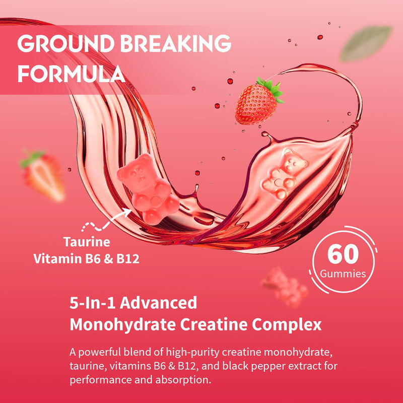 Creatine Monohydrate Gummies 5000mg, 5-in-1 Vegan Supplement with Taurine, B6 & B12, for Energy, Endurance & Muscle Builder, Low Sugar, High Absorption, Natural Berry, 120 Count 60 count (Pack of 2)