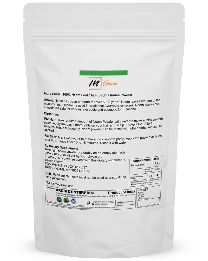 [Australia] - 100% Natural Neem Leaf/Azadirachta Indica Powder Ayurvedic Herb for Skin, Hair Care and Cosmetic Formulations 100 GMS / 0.22 LBS 