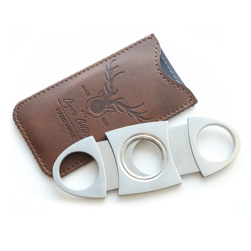 [Australia] - Stainless Steel Cigar Cutter with Leather Case,Double Blade for a Precise Perfect Cut(Brown deer) Brown Deer 