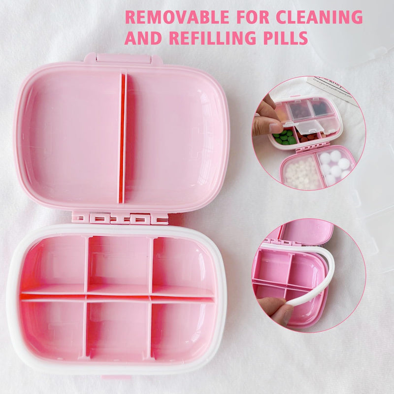 Bling Pill Case for Purse Medicine Vitamin Container Holder with Stickers | Pocket Pill Case Round Medicine Organizer for Vitamin/Fish Oils/Supplement Travel Medicine Kit 8 Compartment Pink