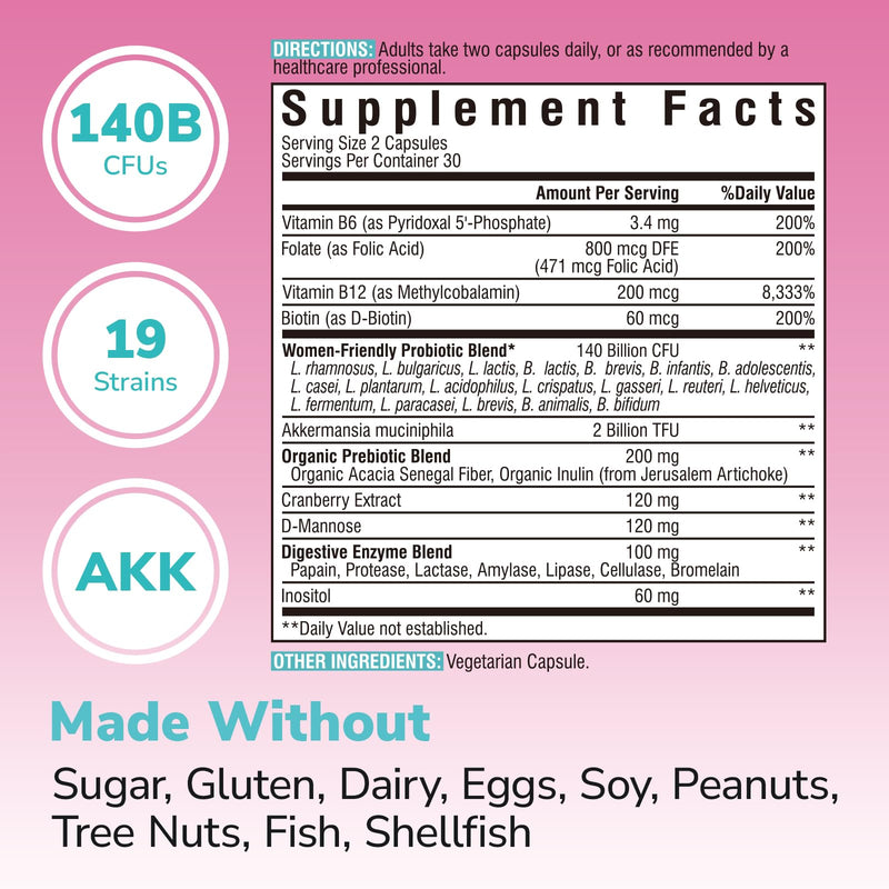 Vitalibre Women's Probiotic Plus, Akkermansia, 140 Billion CFU, 19 Strains with AKK, Vitamin B6, B9, B12, Biotin, Cranberry, D-Mannose, Gut, Vagina Health, 60 Vegetarian Caps