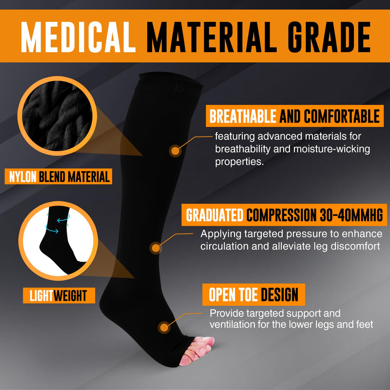 Doc Miller Open Toe Compression Socks, 30-40 mmHg, Toeless, Support Circulation, Medical Grade, Socks, Men & Women, Pair Large Black