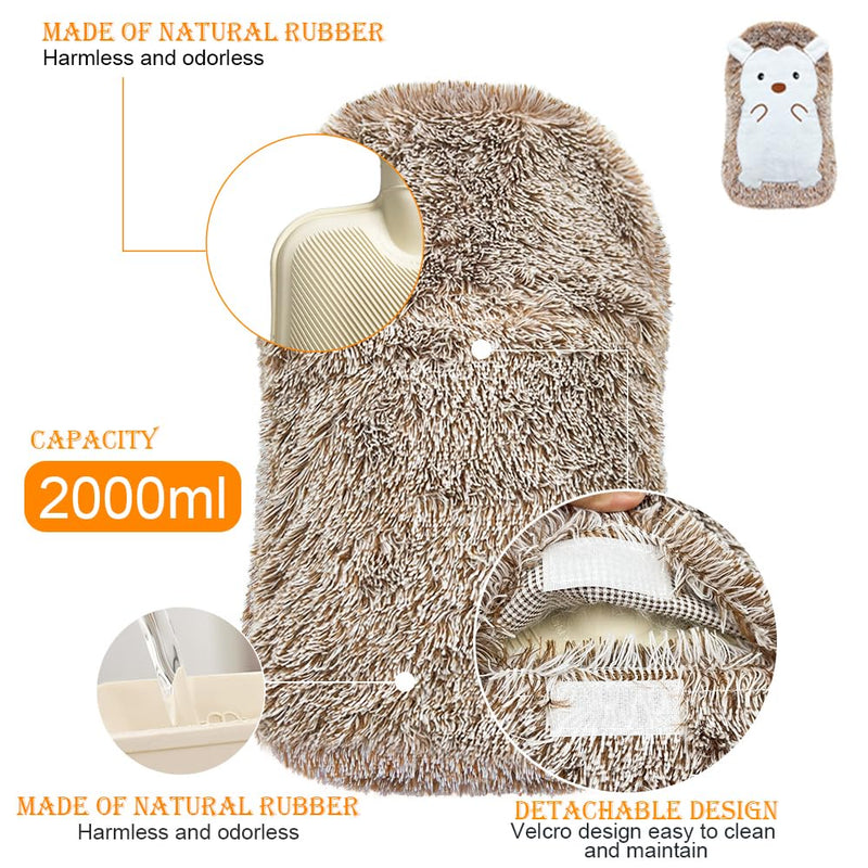 [Australia] - Hot water bottle with cover 2 liters, hot water bottles animal large, hot water bottle for children hedgehog, hot water bottle with cuddly fluffy faux fur cover, hand warmer silicone soft for keeping hands, feet, body warm 