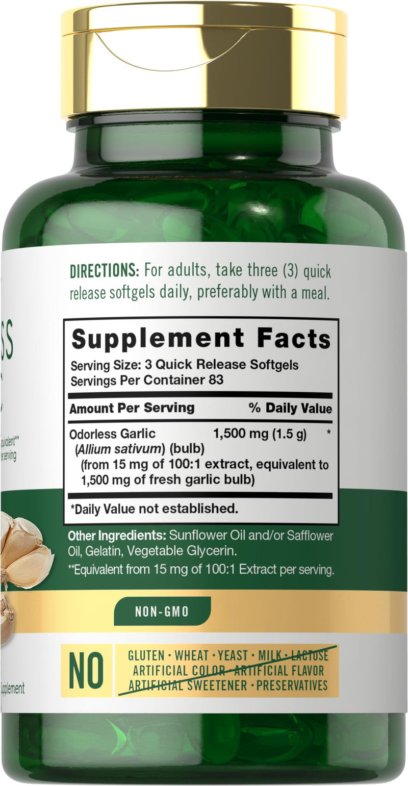 Carlyle Odorless Garlic Softgels 1500mg | 250 Count | Non-GMO, Gluten Free Extract Supplement