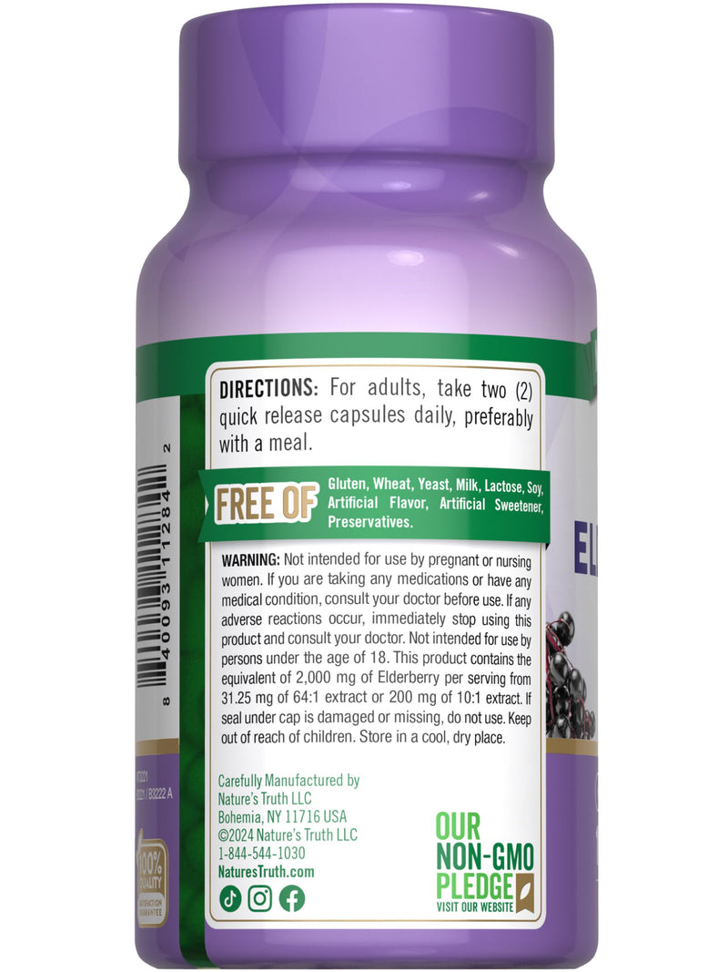 [Australia] - Nature's Truth Black Elderberry Capsules | 100 Count | Super Concentrated Sambucus Extract | Non-GMO and Gluten Free Supplement 100 Count (Pack of 1) 