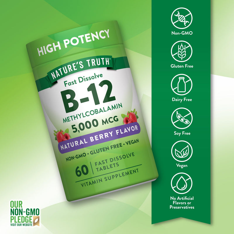 Nature's Truth B12 Vitamin | 5000 mcg | 60 Tablets | Fast Dissolve Natural Berry Flavor | Vegan, Non-GMO & Gluten Free Supplement
