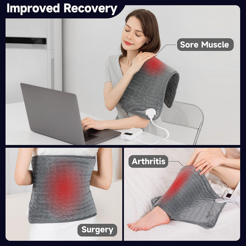[Australia] - Heating Pad for Back & Period Cramps, Portable Heating Pad for Neck and Shoulders and Back with Auto Shut Off Large, Machine Washable, Christmas Gifts for Women, Men Gray 12x24 Inch 