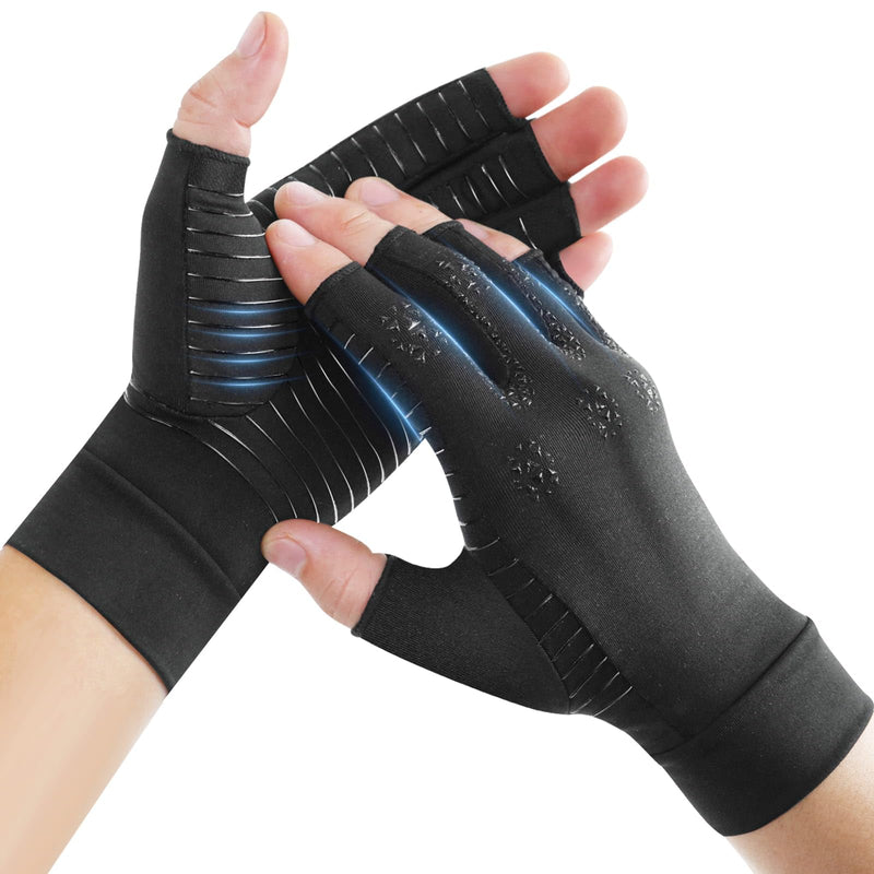 [Australia] - Donfri Copper Arthritis Compression Gloves for Women Men, Fingerless Carpal Tunnel Pain Relief Gloves, Hand Support Wrist Brace (M) Black (1 Pair) Medium 