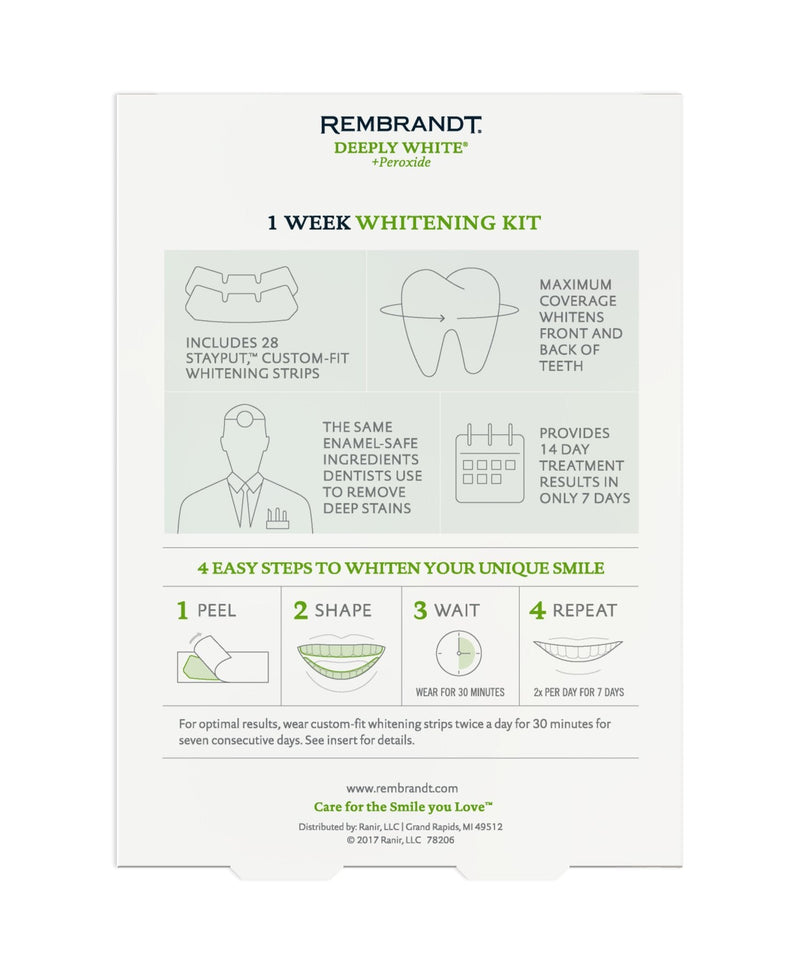 REMBRANDT Deeply White + Peroxide 1 Week Teeth Whitening Kit, Removes Tough Stains, Enamel-Safe, 28 Custom-Fit Whitening Strips (14 Treatments)