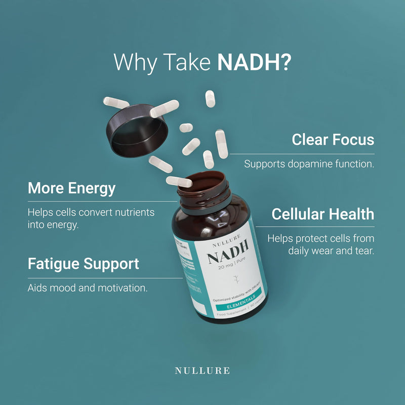 Nullure NADH Supplements 20 mg | with DRcaps® targeted delivery | Energy · Mental Clarity · Cellular Health | No Magnesium Stearate | 3rd Party Tested in Germany | Vegan | 90 caps - 3 Month Supply