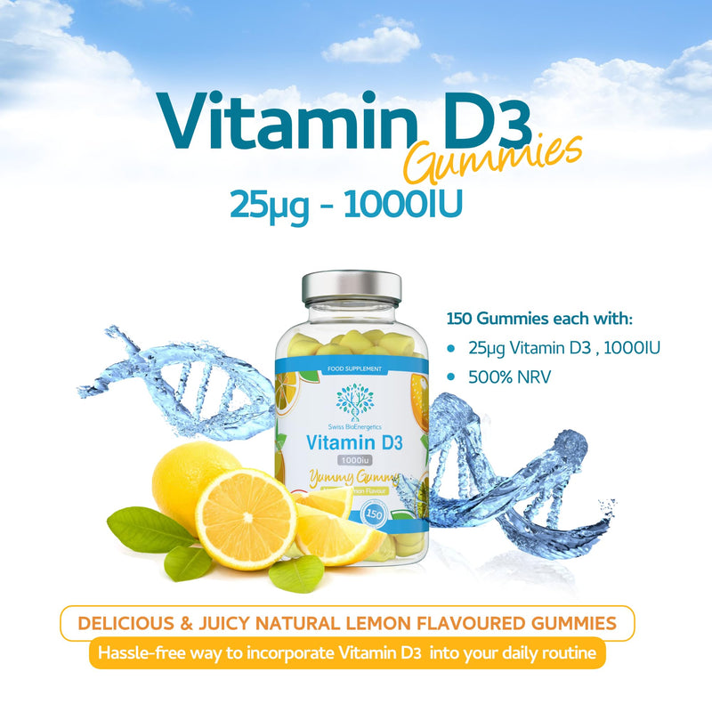Vitamin D3 Gummies 25µg 1000IU - 150 Natural Lemon Flavour Chewable Yummy Gummies - 5 Month Supply - Made in The UK 150 Gummies