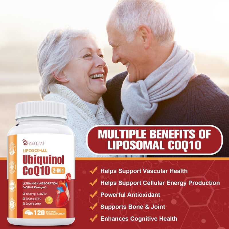(2 Packs) 1000mg Liposomal CoQ10 Ubiquinol with Omega-3 120 Softgels, Advanced Coenzyme Q10 High Strength & Absorption, Naturally Fermented CoQ10 Supplement for Antioxidant, Heart & Energy Support