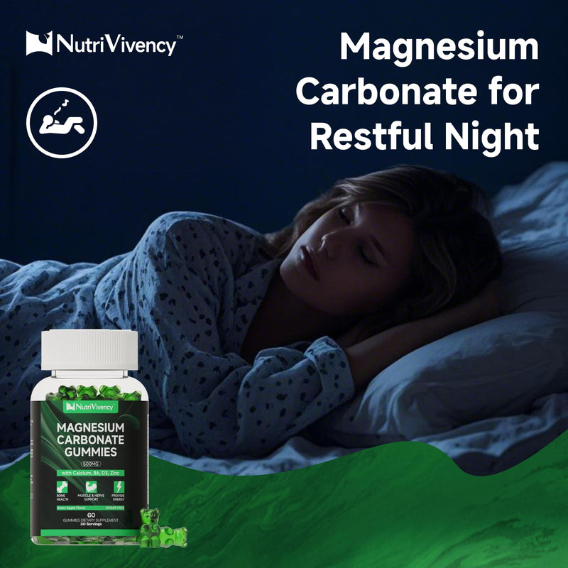 Magnesium Carbonate Gummies 500mg, Bone & Nerve, 30 Servings | With Calcium, Vit B6, D3, Zinc for Bone Health, Muscle Support. Sugar Free, Green Apple Flavor. Vegan, Non-GMO, Gluten-Free