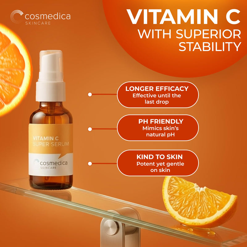 Cosmedica Vitamin C Serum for Face with Hyaluronic Acid & Vitamin E – Brightening Anti-Aging Serum for Dark Spots, Fine Lines & Wrinkles, Lightweight Collagen Booster, 1 fl oz 1 Fl Oz (Pack of 1)