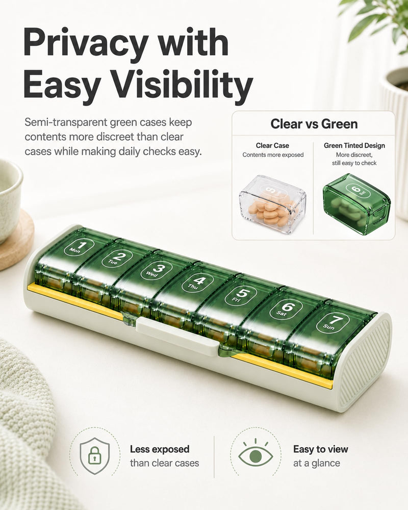 Large Weekly Pill Organizer 7-Day: Portable Pill Box with Removable Daily Case, Triple Moisture Protection BPA-Free Medicine Containers Holder Vitamins Fish Oils for Travel Office (Green)