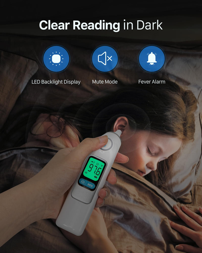 [Australia] - Ear Thermometer, Highly Accurate Ear Thermometer for Kids, Adults and Babies, 30 Memory Recall, 1s Result and 3-Color Fever Alert, with 24 Disposable Probe Covers, White LCD-White 