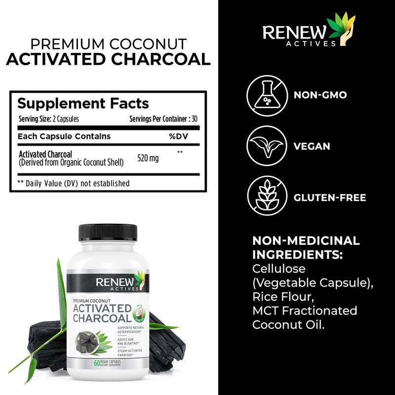 Renew Actives Activated Charcoal Supplement 1100MG per 2 Capsules - Digestive Support & Teeth Whitening Formula, No Artificial Ingredients - Made in Canada - 60 Capsules