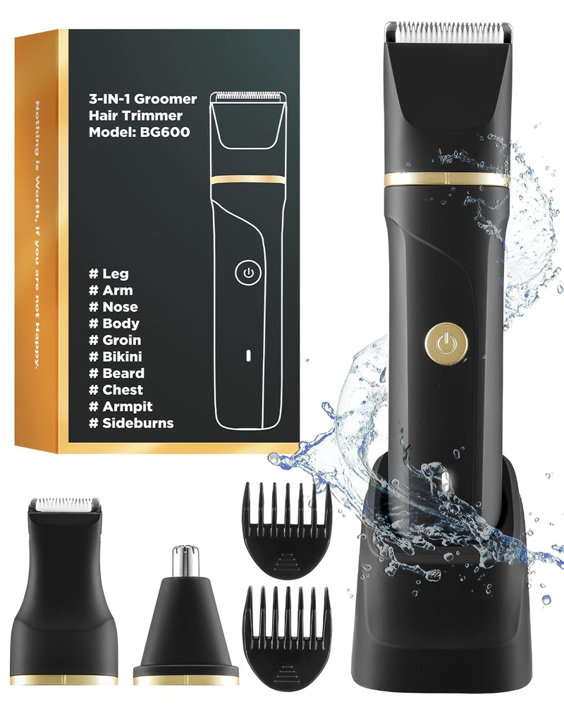 [Australia] - 3 in 1 nose hair trimmer and razor for men, electric, wet and dry use, intimate razor for men, trimmer for men's intimate area for chest, legs, armpit, groin, nose with standing charging station, IPX7 