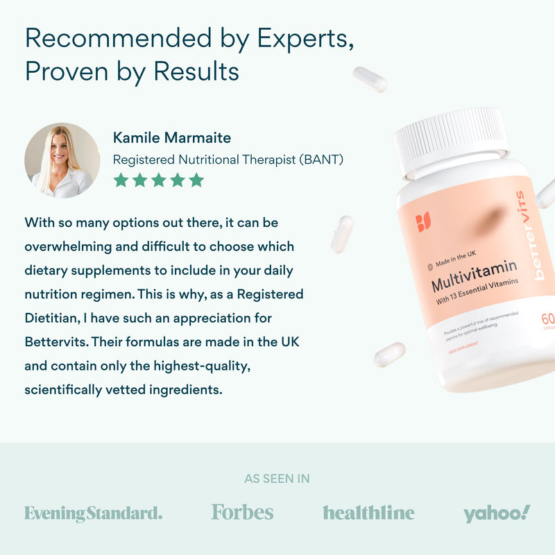 Bettervits Multivitamin Tablets for Women & Men with 13 Vitamins | Multivitamins A,B,C,D,E, Biotin - Energy Boost & Immunity Support | Gluten-Free and Vegetarian Friendly | 60 Vitamin Capsules