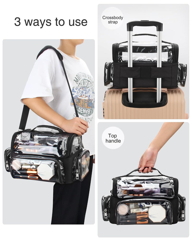 TANTO Makeup Brush Case, Clear Extra Large Cosmetic Organizer Holder Professional Makeup Artist Train Case with Adjustable Dividers&Strap Portable Makeup Brush Holder (02A-Black（XX Large）) A3-Black-Clear Style XX-Large