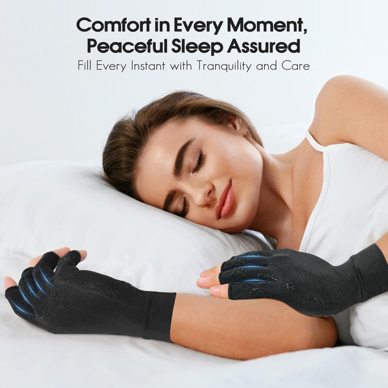 [Australia] - Donfri Copper Arthritis Compression Gloves for Women Men, Fingerless Carpal Tunnel Pain Relief Gloves, Hand Support Wrist Brace (M) Black (1 Pair) Medium 