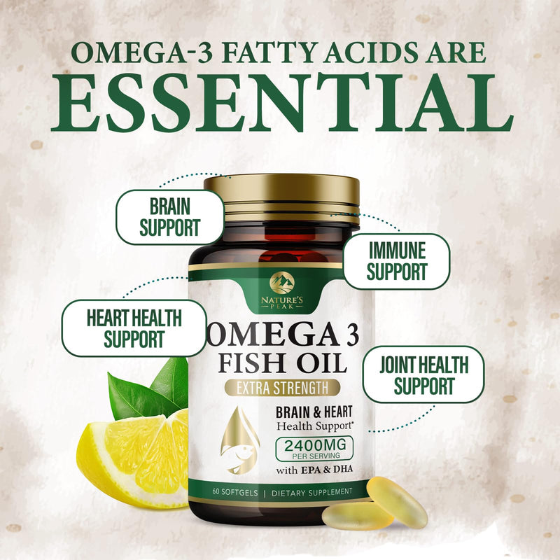 Omega 3 Fish Oil Pills 2400mg - Triple Strength Omega 3 Fish Oil Supplements - Best EPA & DHA Fatty Acids for Brain & Heart Health Support, Nature's Omega3 Supplement, 30 Day Supply - 60 Softgels 60 Count (Pack of 1)