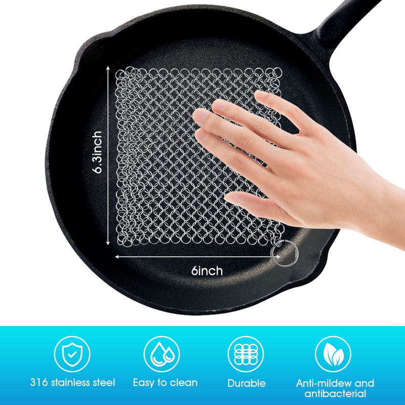 [Australia] - Cast Iron Cleaner 6" x 6.3" Premium 316L Stainless Steel Chainmail Scrubber for Skillet, Wok, Pot, Pan; Pre-Seasoned Pan Dutch Ovens Waffle Iron Pans Scraper Cast Square 