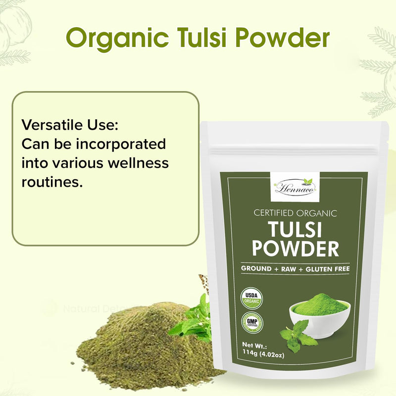 [Australia] - Organic Tulsi Powder - Resealable Zip Lock Pouch, USDA Organic - Premium Quality Holy Basil Powder, 100% Raw, Ayurvedic Herb for Immunity - 114 Grams (4 Oz) 4 Ounce (Pack of 1) 