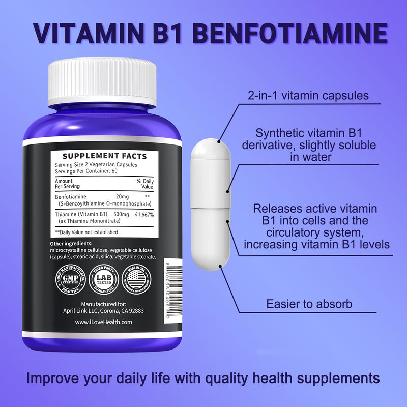 Benfotiamine 600mg Plus 20mg Vitamin B1 and Vitamin B1 500mg with Benfotiamine 20mg,120 Capsules