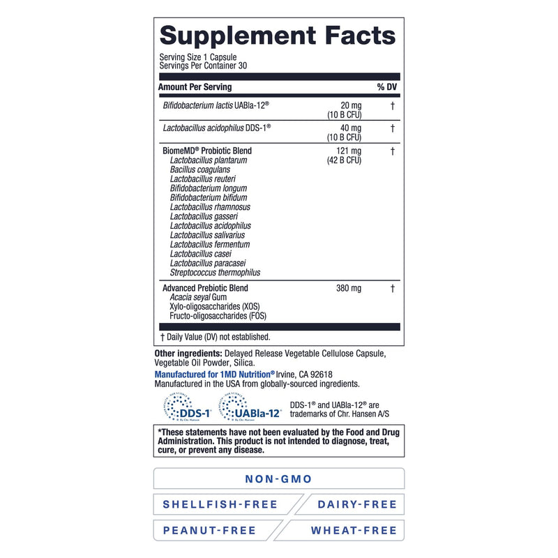 1MD Nutrition BiomeMD Probiotics | 62 Billion CFUs, 15 Comprehensive Strains - Pro & Prebiotics | Doctor-Formulated for Digestive Health & Immune Support | 30 Capsules 30 Count (Pack of 1)