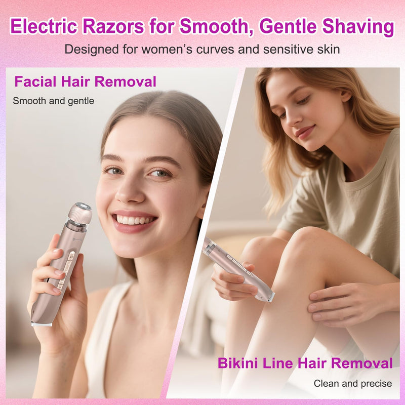 [Australia] - Bikini Trimmer for Women 2-in-1, Dual-Head Electric Razors for Women, IPX7 Waterproof Pubic Hair Trimmer, Facial & Body Electric Shaver, USB Rechargeable, LED Display, Rose Gold 