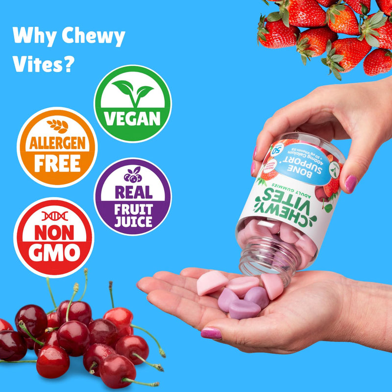 Chewy Vites Adult Bone Support 50 Vitamin Gummies, 400mg Calcium Gummies with 20 mcg Vitamin D3, for Bones, Teeth & Muscle Function, 2-a-Day, Vegan, Mix of Wild Cherry and Strawberry Flavour