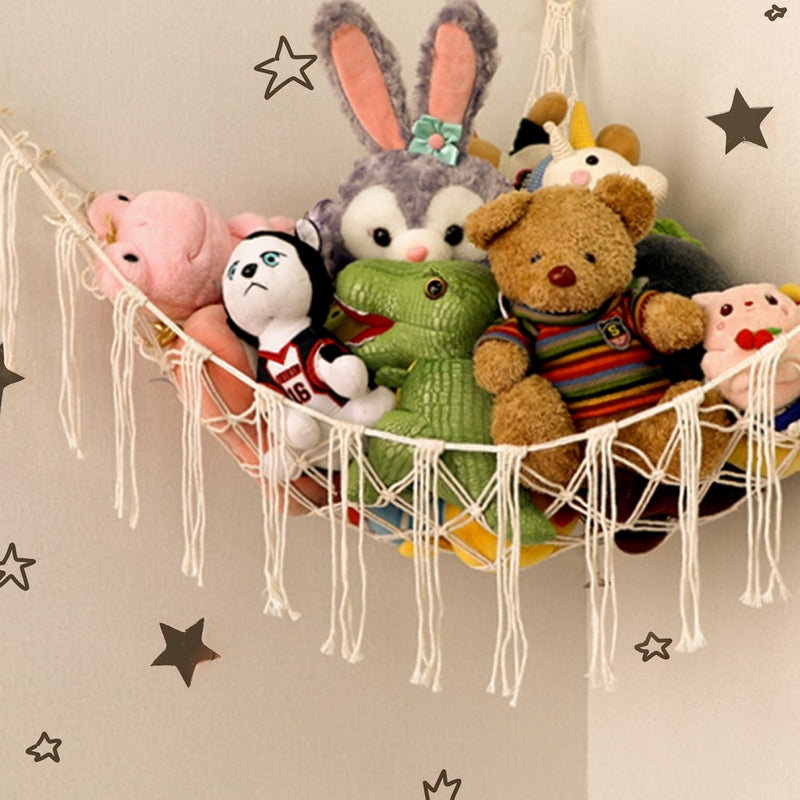 [Australia] - Boho Stuffed Animals Net or Hammock Large,55 inch Toy Hammock Macrame Stuff Animal Storage Corner Hanging Net Holder,Mesh Hammock Plush Toy Organizer with Hooks for Bedroom,Nursery (White) White 