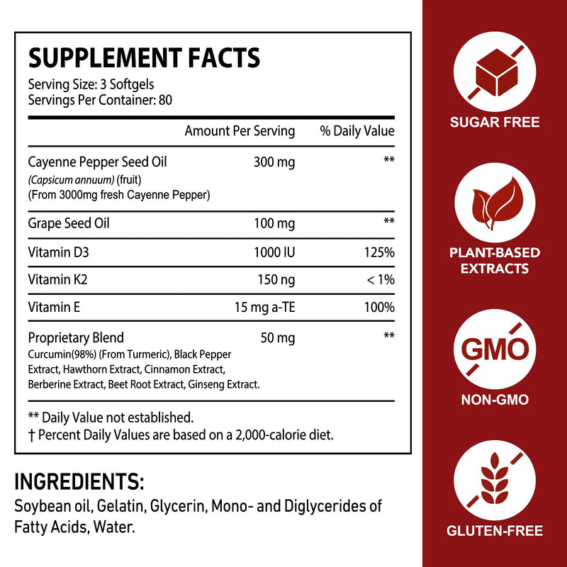 Cayenne Pepper Softgels 240 Capsules | 12-in-1 3000mg Botanical Blend with Hawthorn, Beetroot & Vitamins D3, K2, E | Supports Circulation, Leg Vein, Energy & Digestion | Vegan, Non-GMO