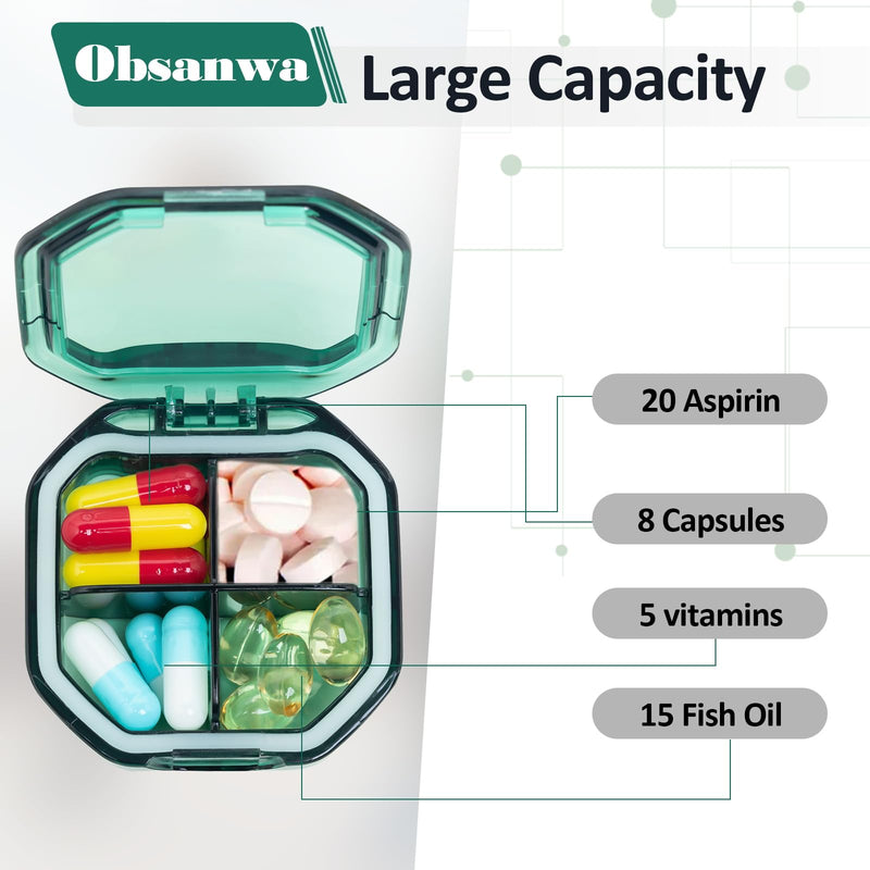 2 Pack Small Pill Organizer, 4 Compartment Pill Box for Travel, 2-Inch Portable Pocket Pill Case for Purse, Vitamin & Supplement Medication Organizer, Travel Essentials Container (Green+Green) Green+green