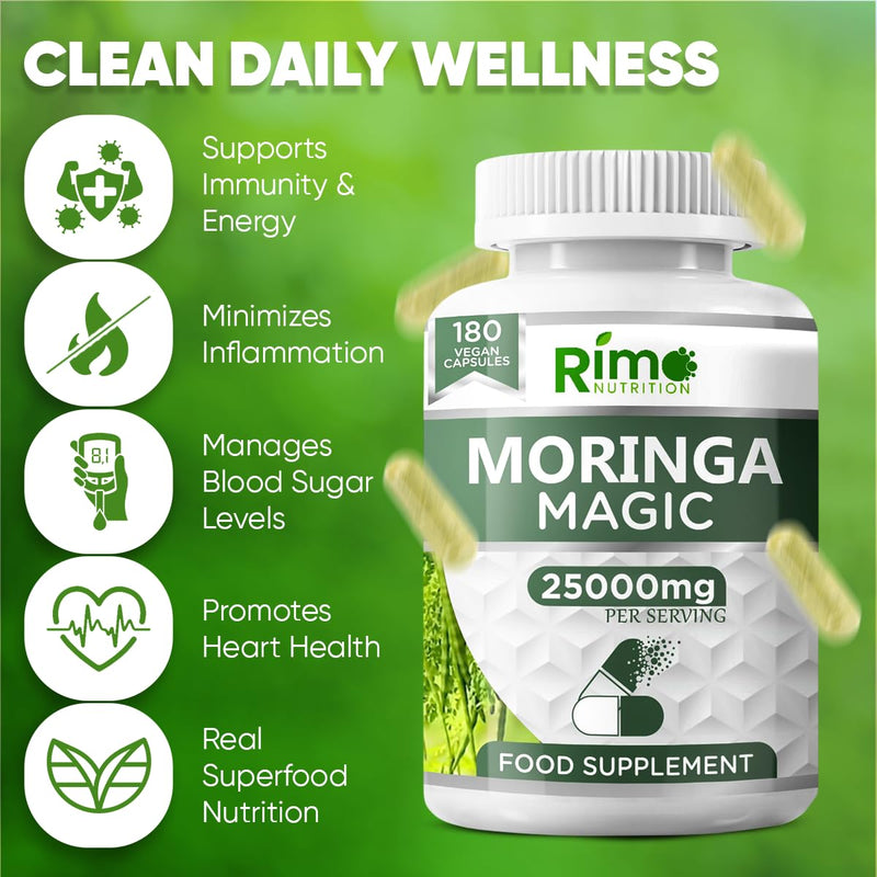 Rosabella Moringa 6-Month Supply | 180 High-Strength Rosabella Moringa Capsules 25000 mg Equivalent Pure Potent Leaf Extract – Vegan, Non-GMO, Gluten-Free, No Additives – Lab-Tested