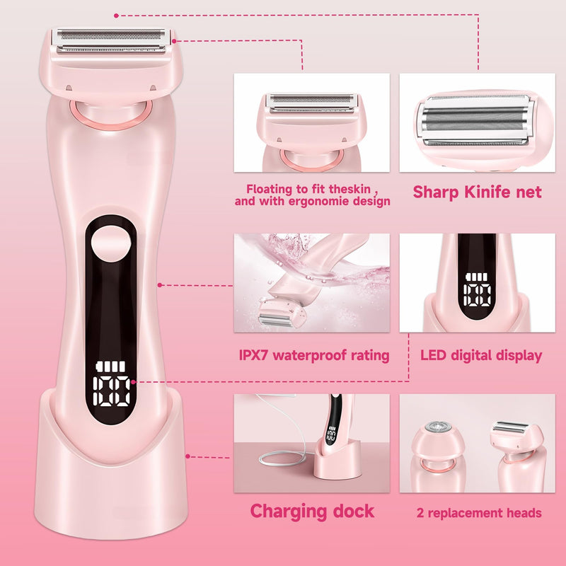 [Australia] - 2 in 1 Electric Shaver for Women Wet Dry Dual Use IPX7 Waterproof with LED Display USB Recharge Dock Dry Use Body Hair Trimmer and Facial Hair Remover for Bikini Underarm Leg Arm Face (Pink) Pink 