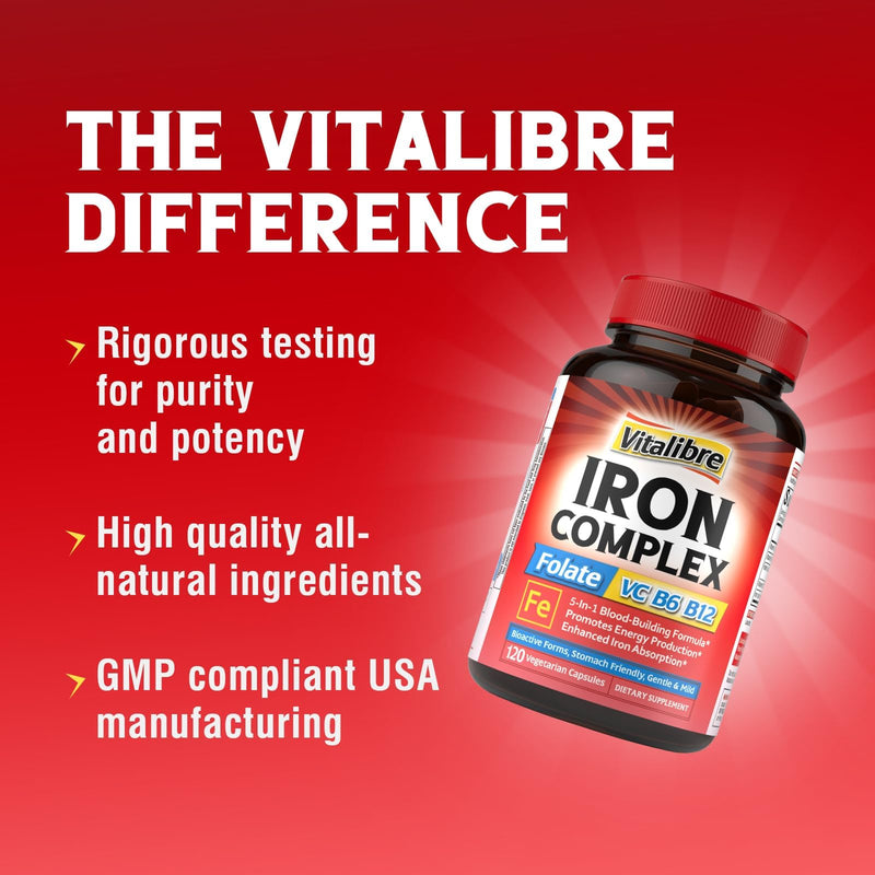Iron Supplement for Women & Men, with Vitamins C, B6, B12 & Folate | for Iron Deficiency, Blood Building & Energy Support, Stomach Friendly, Better Absorption, Non-GMO,No Gluten,120 Vegan Caps 120 Count (Pack of 1)