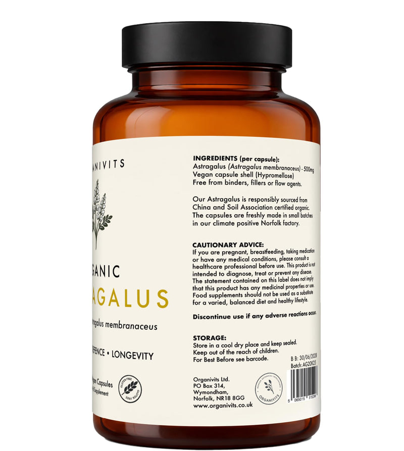 Organic Astragalus Capsules | Premium Astragalus Membranaceus Root | 60 Vegan Capsules | Immunity & Healthy Ageing | No Fillers or Flow Agents | Soil Association Certified