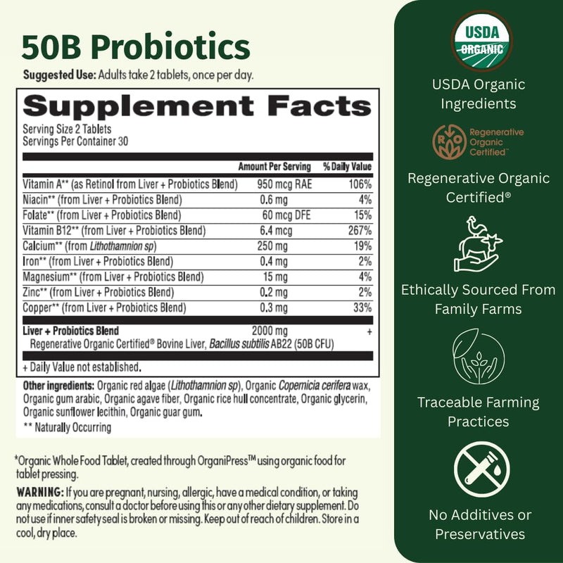 Probiotic 50B CFU with Beef Liver – Regenerative Organic Certified Daily Gut Health Supplement – Supports Digestion, Immune & Emotional Wellness – 60 Tablets 60 Count (Pack of 1)