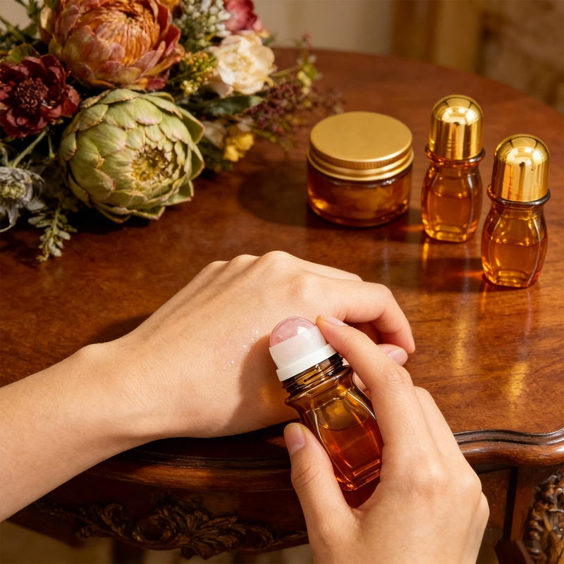 4 Pack 50ml Rose Quartz Roller Waist Bottles for Castor Oil | Refillable Amber Glass Roll-On Bottles with Natural Crystal Roller Balls,Leak-Proof Gold Caps for Essential Oils, Perfume 4 Pack