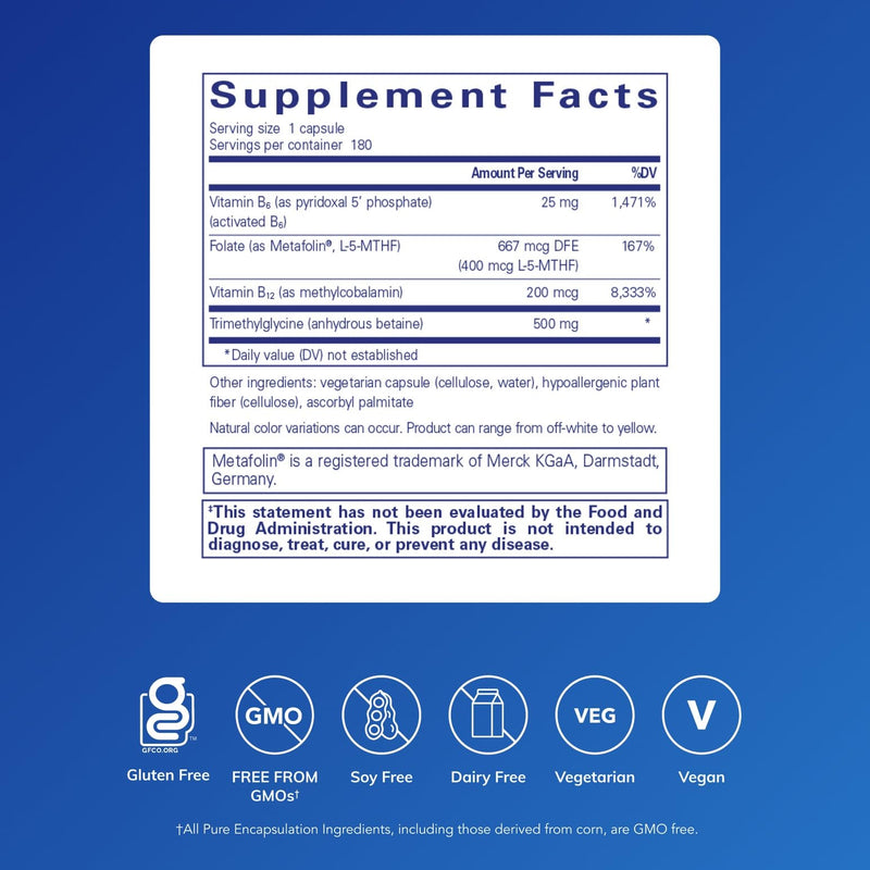 Pure Encapsulations Homocysteine Factors, 180 Capsules | Supplement to Support Normal Homocysteine Levels and Cardiovascular Health* 180 Count (Pack of 1)