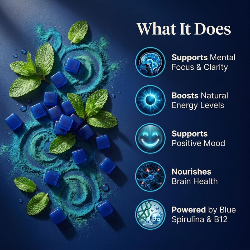 Puretrex Nootropic Gummies Blue Brain, 60 Count, Brain Focus and Energy Support, Memory and Cognitive Performance, Mental Clarity, Blue Spirulina, Acetyl L Carnitine, Made in UK, Ice Mint
