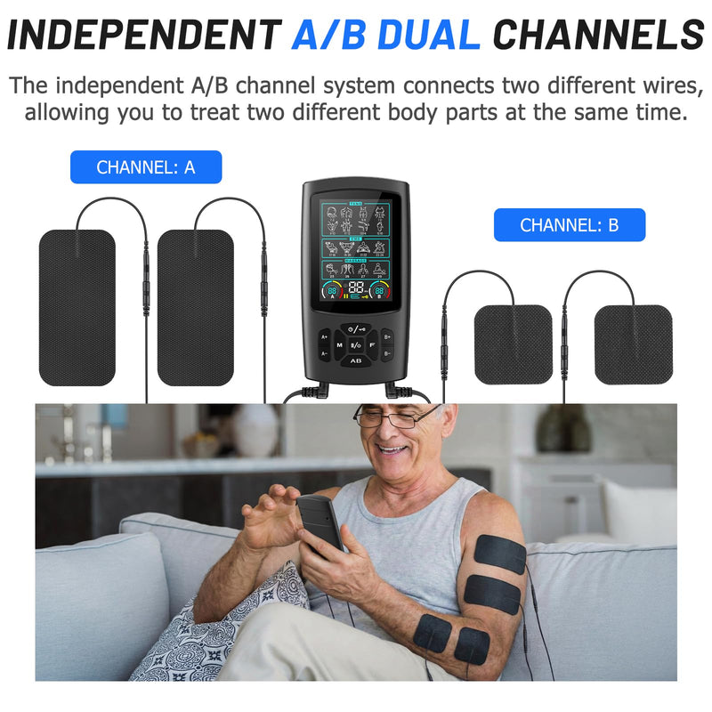 TENS Unit Muscle Stimulator, Rechargeable Dual Channel TENS EMS Machine, 28 Modes,40 Intensity Levels, 3.8-in Color Display, 12 Electrode Pads & EVA Case, Back Neck Shoulder Leg Pain Relief