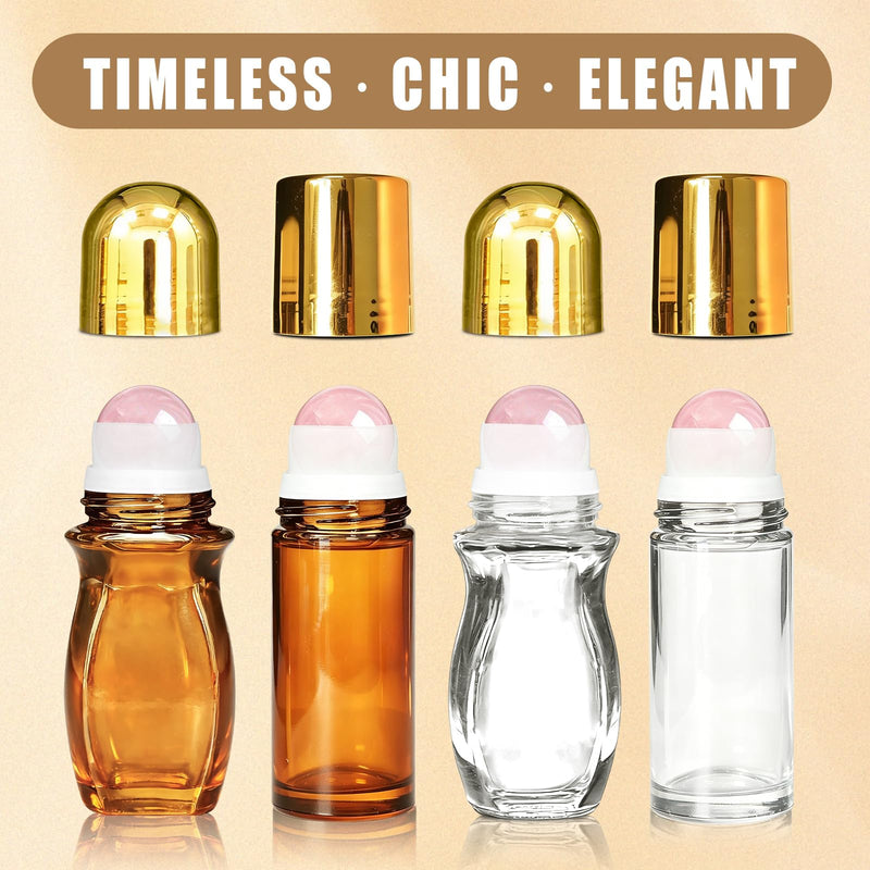 4 Pack 50ml Rose Quartz Roller Waist Bottles for Castor Oil | Refillable Amber Glass Roll-On Bottles with Natural Crystal Roller Balls,Leak-Proof Gold Caps for Essential Oils, Perfume 4 Pack
