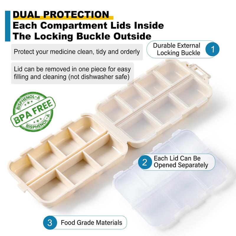 14 Grids Travel Pill Organizer Box with 415-Pcs Medicine Name Labels - Pocket Daily Pharmacy Case Container Kit - Travel Medication Holder Dispenser for Fish Oil Vitamin Supplement Storage - Khaki with Bulk Med Labels